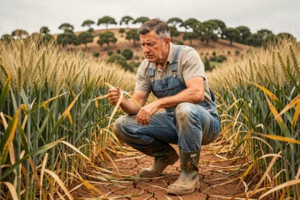 Agriculteur portugais examinant ses cultures dans un champ de blé face aux nouvelles réglementations européennes sur le glyphosate 360