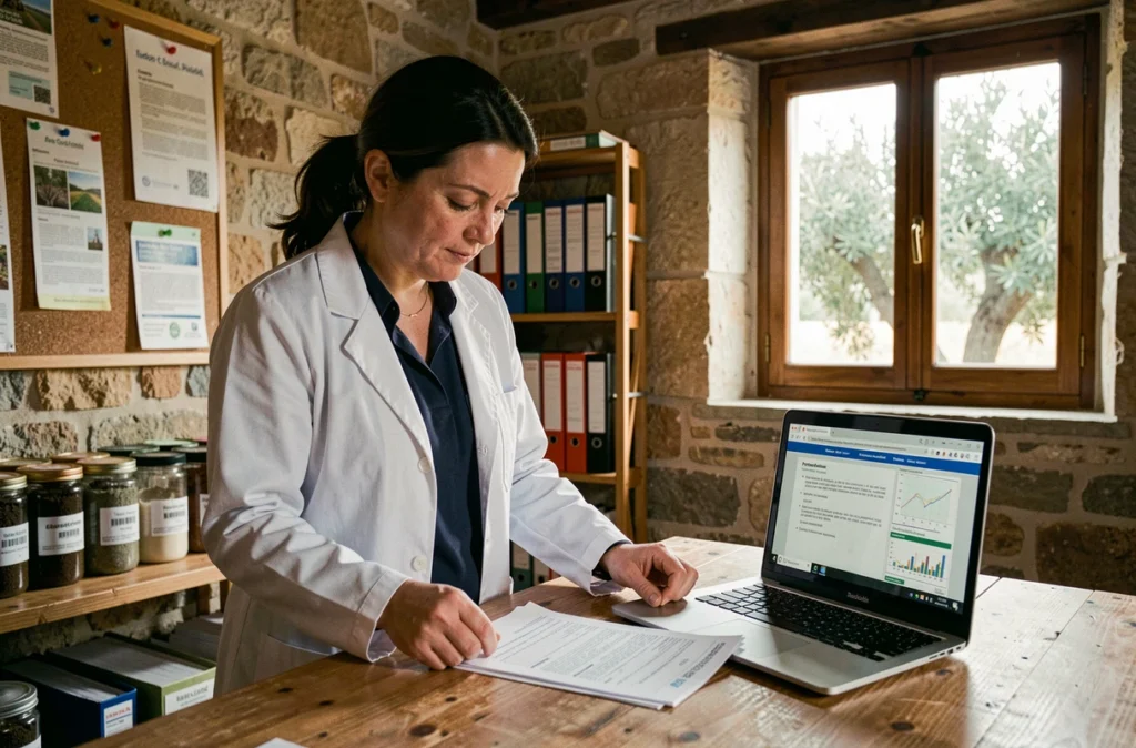 Agronome analysant la réglementation européenne 2026 sur le glyphosate 360 dans un bureau coopératif agricole au Portugal