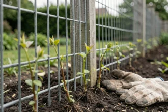 Boutures de vigne vierge fixées sur un grillage métallique dans un jardin de banlieue au printemps, avec des jeunes pousses vertes accrochées aux mailles