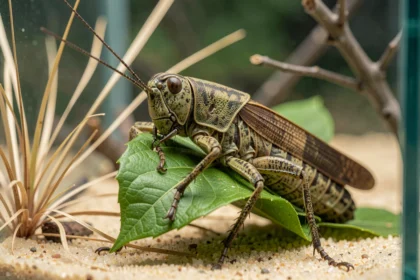 Criquet adulte mangeant une feuille verte dans un terrarium naturalisé avec substrat sableux
