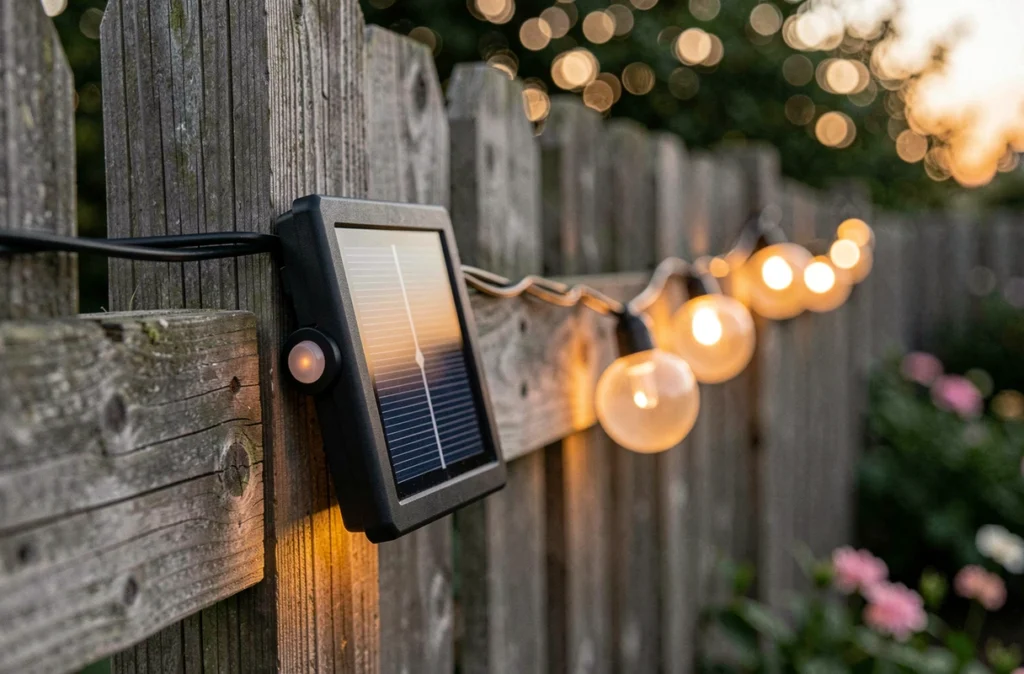Détail du capteur crépusculaire et panneau solaire d'une guirlande lumineuse extérieure fixée sur un poteau en bois