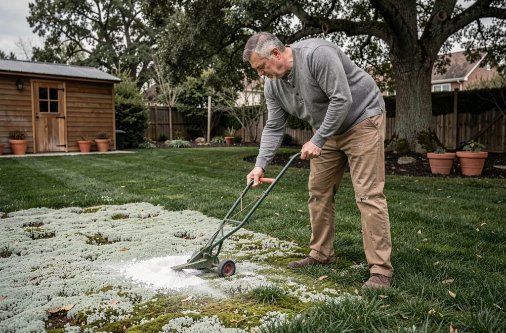 Homme épandant de la chaux naturelle sur une pelouse envahie par la mousse avec un épandeur manuel dans un jardin