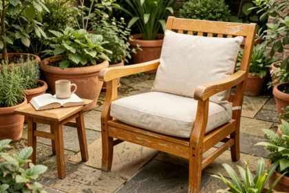 Fauteuil de jardin en teck naturel avec coussin lin crème sur terrasse en pierre, entouré de plantes vertes