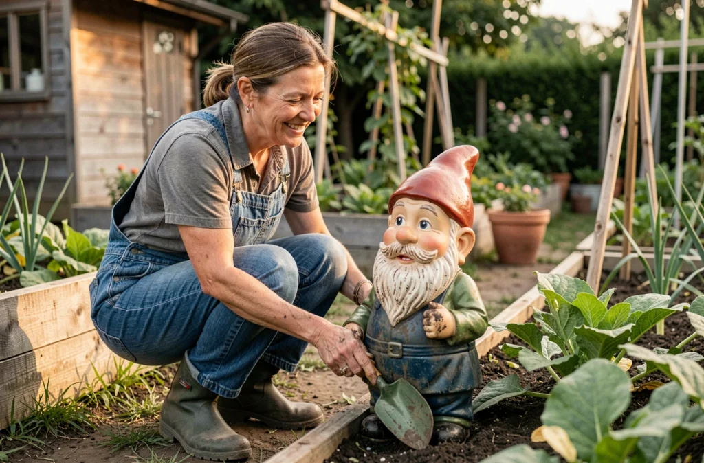 Femme jardinant avec un sourire en plaçant un nain de jardin décoratif près de son potager