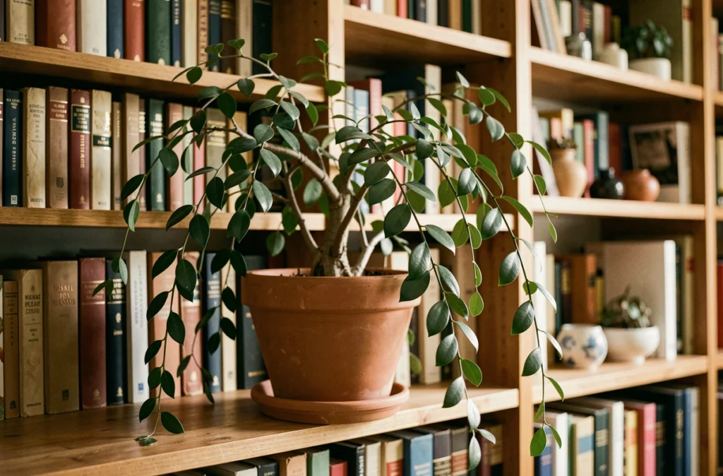 Ficus benjamina aux fines branches retombantes dans un pot en terre cuite sur une étagère de bibliothèque domestique