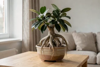 Ficus ginseng bonsaï posé sur une table en bois clair avec ses racines aériennes caractéristiques et ses feuilles vert foncé brillantes