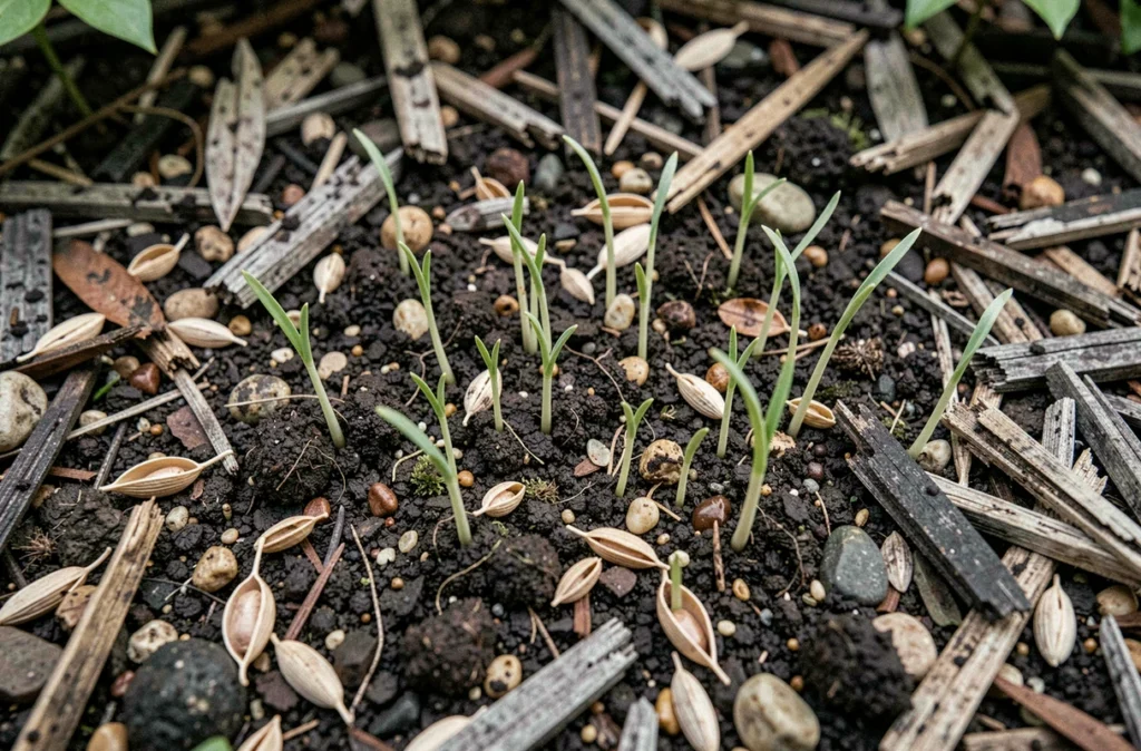 Germination de gazon résistant à l'ombre dans un sol humide et sombre de jardin
