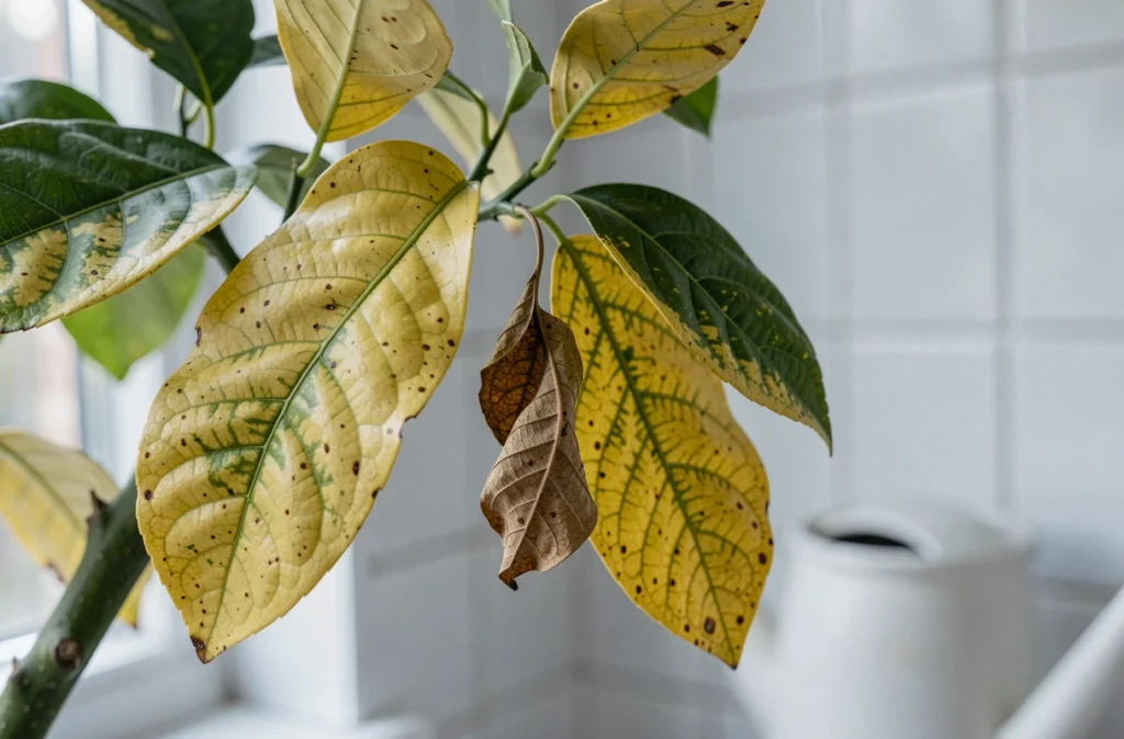 Gros plan sur feuilles de citronnier jaunissantes à différents stades, certaines vertes encore et d'autres entièrement décolorées