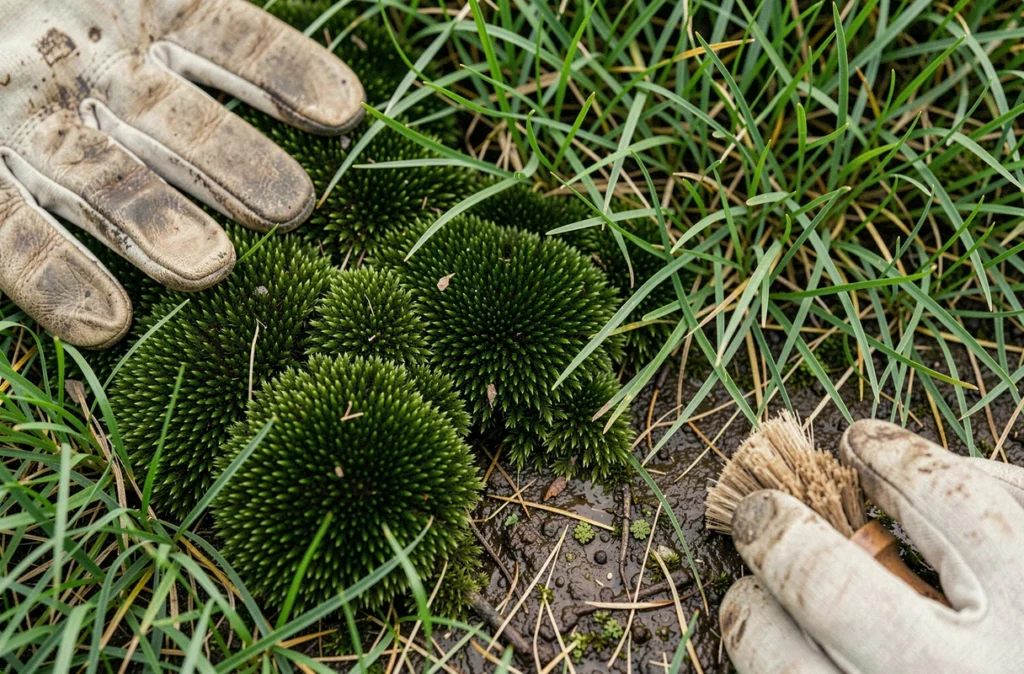 Gros plan sur une pelouse présentant des colonies de mousse verte entre les brins d'herbe avec des gants de jardinage naturels
