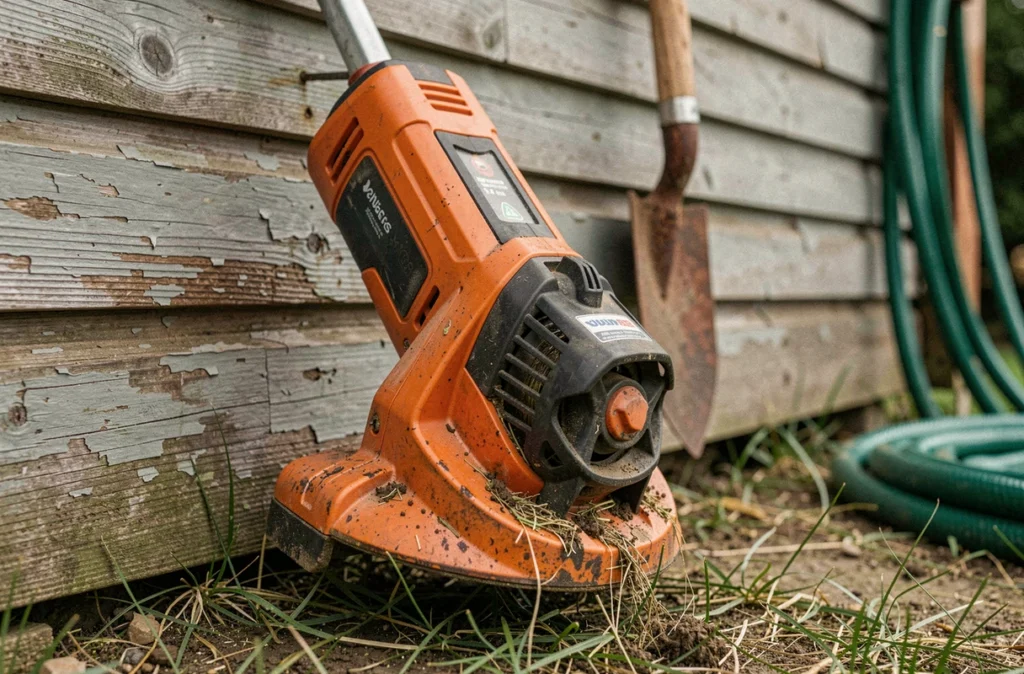 Gros plan d'un rotofil sans fil posé contre un abri de jardin en bois vieilli après utilisation