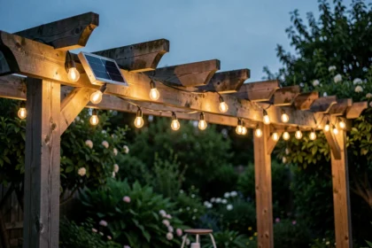 Guirlande lumineuse solaire extérieure accrochée à une pergola en bois au crépuscule avec ampoules LED ambrées allumées automatiquement