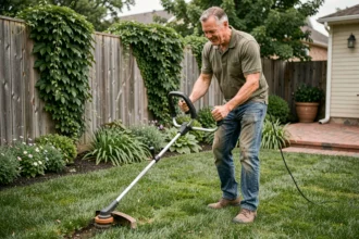 Homme utilisant un rotofil électrique pour border une pelouse soignée dans un jardin résidentiel