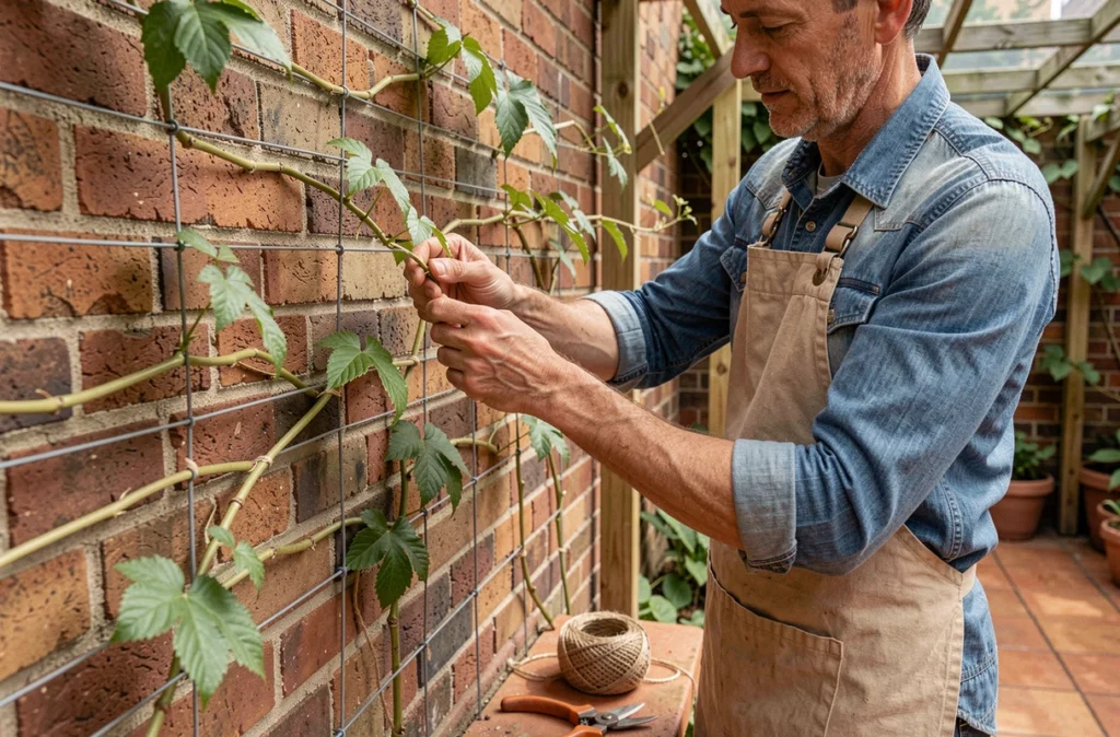 Jardinier attachant des tiges de vigne vierge sur des fils tendus le long d'un mur en briques pour assurer un recouvrement régulier et homogène