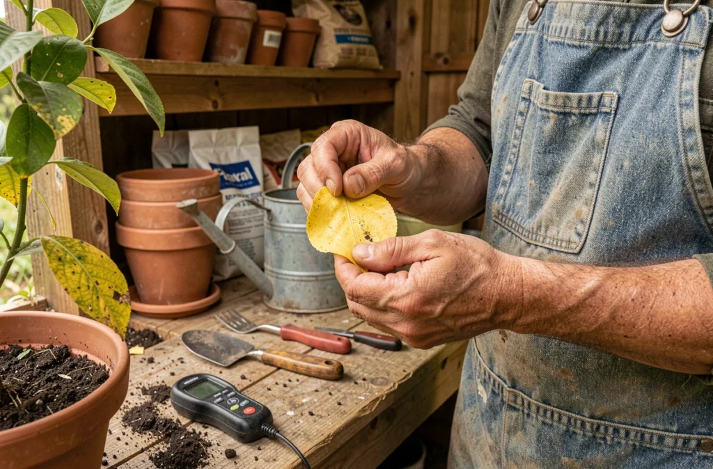 Jardinier inspectant une feuille jaune tombée d'un citronnier, avec arrosoir et humidimètre visibles sur l'établi