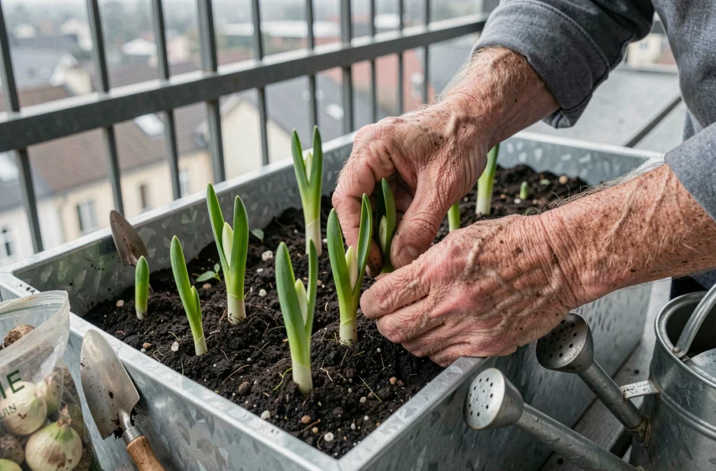Mains d'un jardinier ajustant les jeunes pousses de jacinthes dans une jardinière en zinc sur balcon