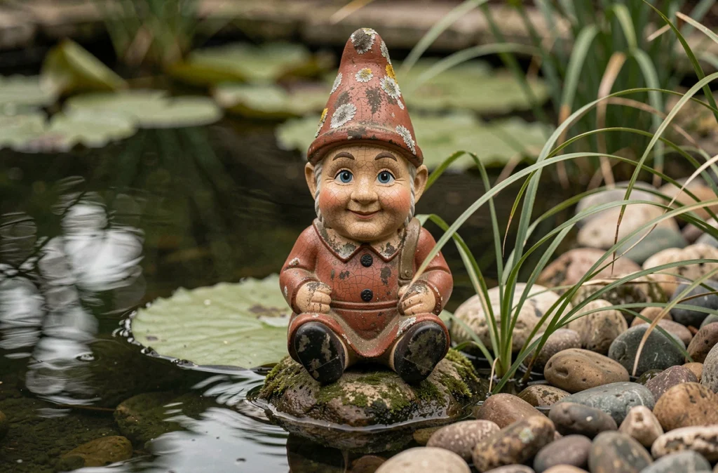 Gros plan d'un nain de jardin vintage patiné posé au bord d'un bassin ornemental entouré de plantes aquatiques