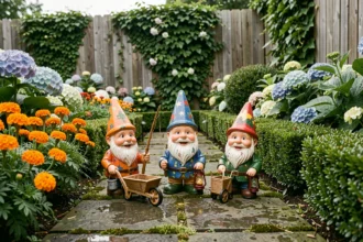 Trois nains de jardin colorés disposés sur un chemin en pierre moussu dans un jardin fleuri et verdoyant
