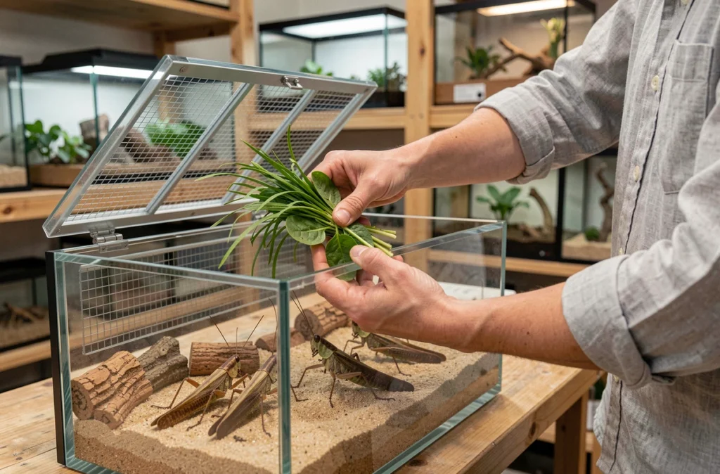Propriétaire nourrissant des criquets en terrarium en déposant des végétaux frais dans leur habitat