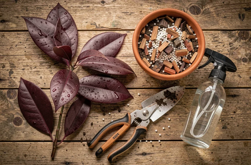Vue de dessus des outils et matériaux nécessaires pour rempoter un ficus elastica sur une table en chêne