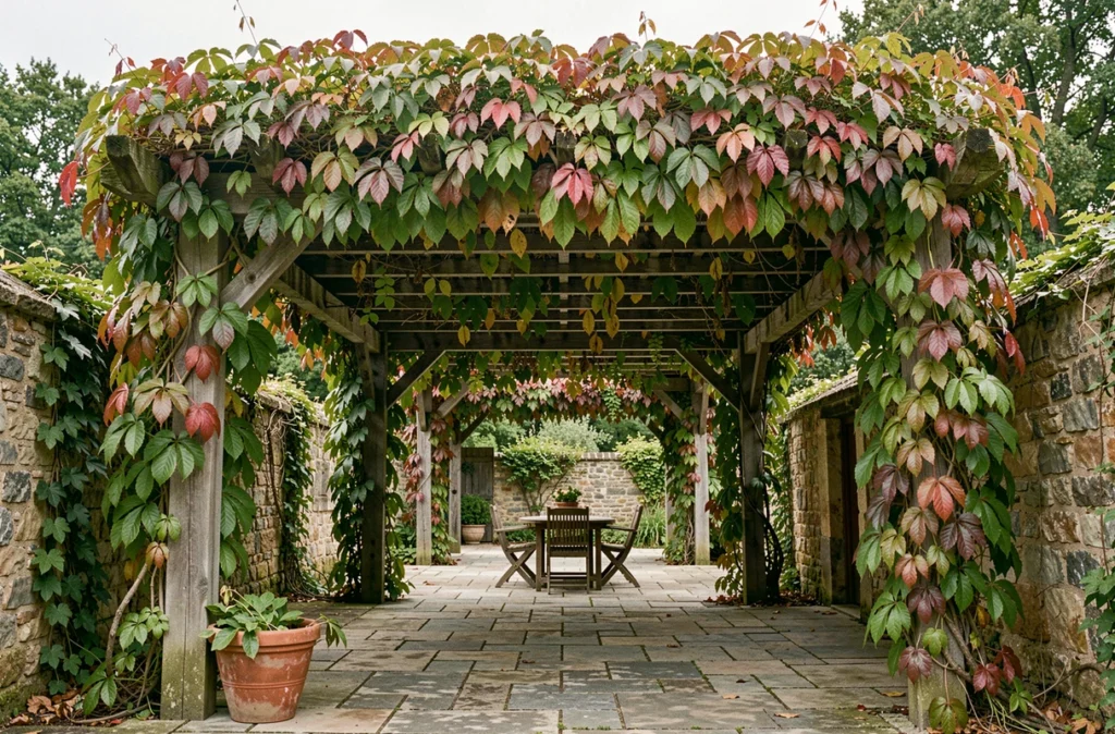 Pergola en bois rustique recouverte de vigne vierge dense dans un jardin de campagne français, avec des boutures en pot au pied des montants pour un recouvrement homogène