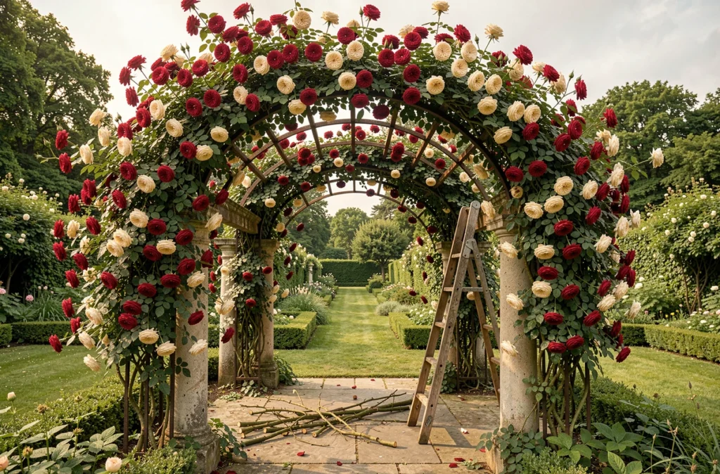 Pergola en fer forgé couverte de rosiers grimpants en fleurs dans un jardin romantique à la française