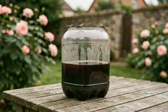 Piège à moustiques artisanal de type Alexandre Réant posé sur une table en bois dans un jardin verdoyant