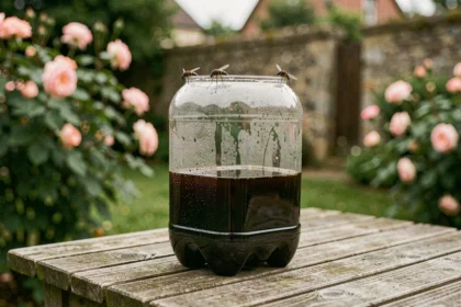Piège à moustiques artisanal de type Alexandre Réant posé sur une table en bois dans un jardin verdoyant