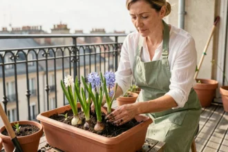 Femme plantant des bulbes d'Hyacinthus orientalis dans une jardinière en terre cuite sur un balcon urbain
