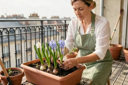 Femme plantant des bulbes d'Hyacinthus orientalis dans une jardinière en terre cuite sur un balcon urbain