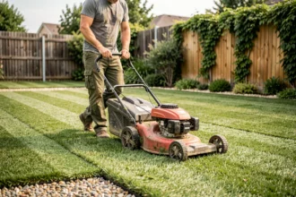 Homme tondeuse gazon fraîchement installé jardin suburban première tonte pelouse neuve
