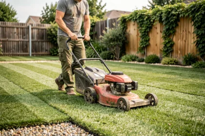 Homme tondeuse gazon fraîchement installé jardin suburban première tonte pelouse neuve