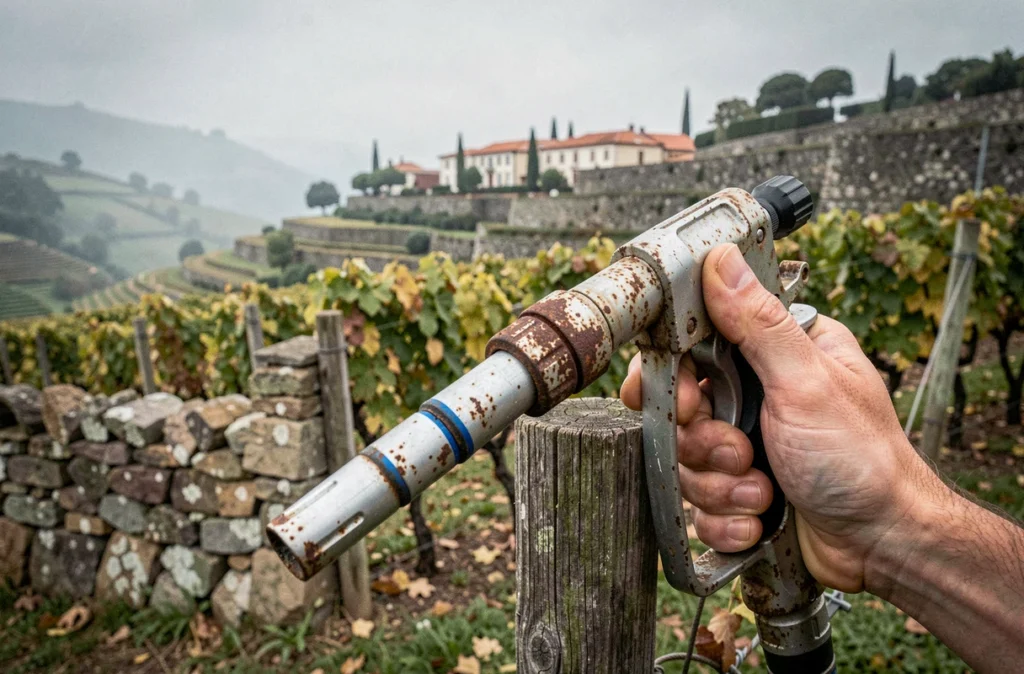 Buse de pulvérisateur agricole posée sur un piquet de vigne au Portugal, symbole des restrictions sur l'utilisation du glyphosate 360 en 2026