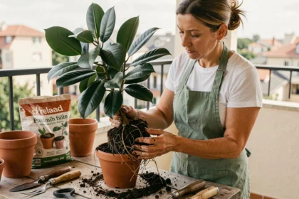 Femme rempotant un ficus benjamina sur une table de jardinage avec des pots en terre cuite et du terreau