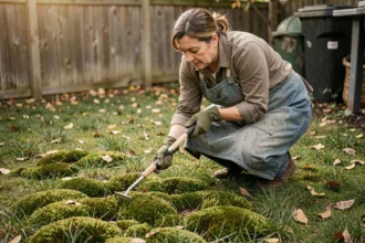 Femme jardinant à genoux qui retire manuellement la mousse d'une pelouse avec un râteau fin dans un jardin résidentiel