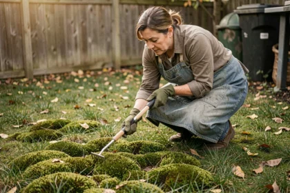 Femme jardinant à genoux qui retire manuellement la mousse d'une pelouse avec un râteau fin dans un jardin résidentiel