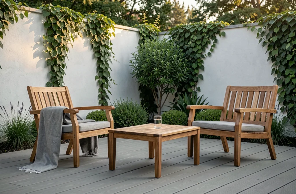 Salon de jardin en teck composé de deux fauteuils et table basse sur terrasse composite avec mur blanc et lierre