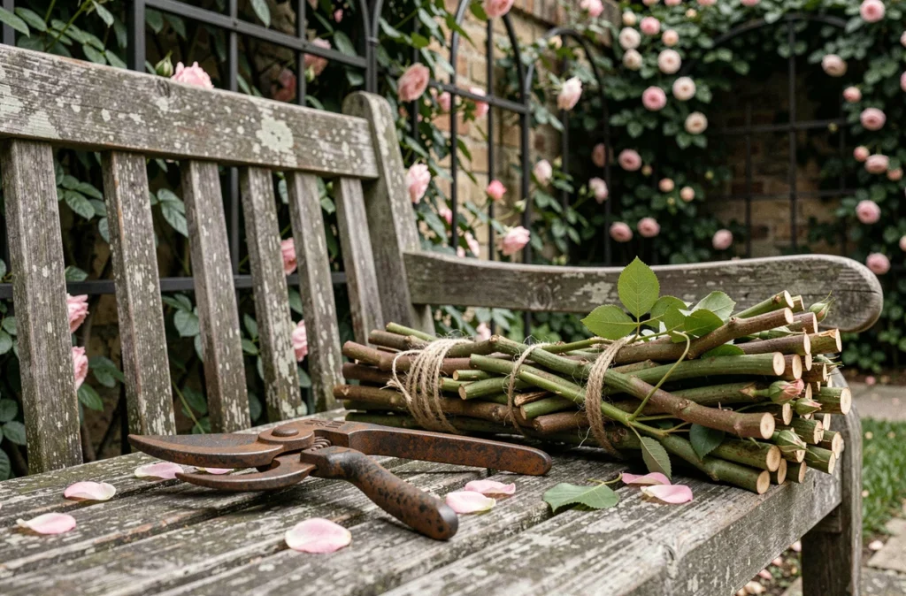 Sécateur vintage et tiges de rosiers grimpants taillés posés sur un banc de jardin en bois patiné