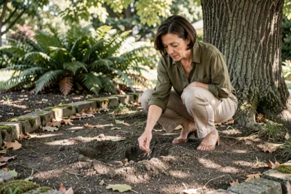 Femme semant du gazon à l'ombre d'un grand chêne dans un jardin résidentiel