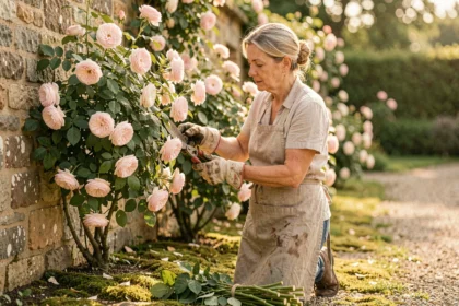 Femme taillant un rosier grimpant contre un mur en pierre dans un jardin romantique à la française