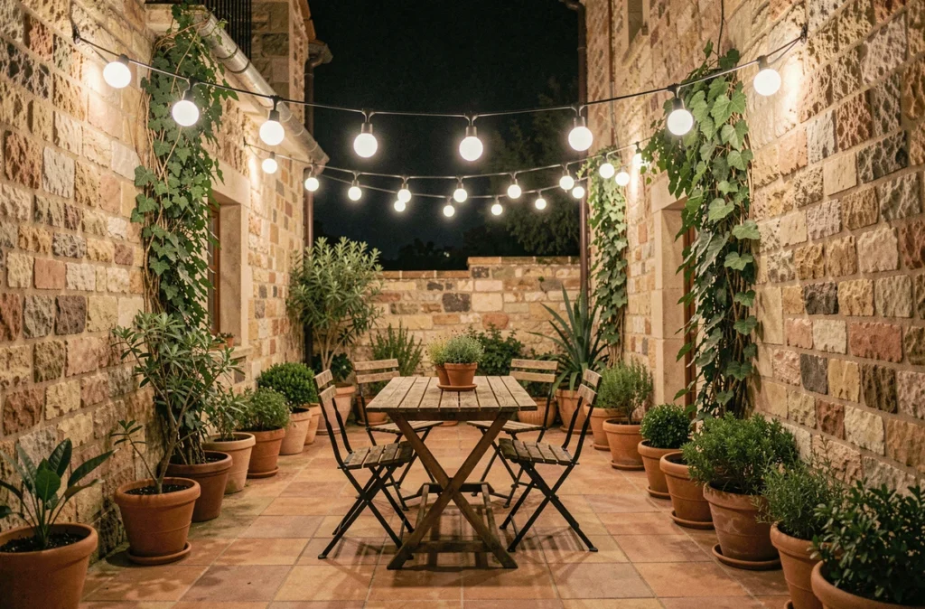 Terrasse extérieure décorée d'une guirlande solaire à allumage automatique entre des murs en pierre avec mobilier bistrot rustique