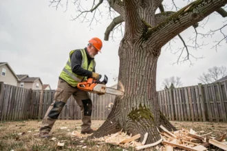 Arboriste professionnel abattant un grand arbre mort dangereux dans un jardin résidentiel avec une tronçonneuse
