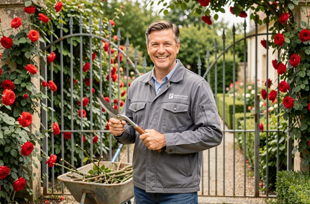 Jardinier Aide au Top en Indre-et-Loire prêt à tailler des rosiers avec un sécateur à la main
