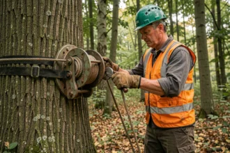 Arboriste professionnel utilisant un cabestan d'élagage fixé sur un tronc d'arbre en forêt