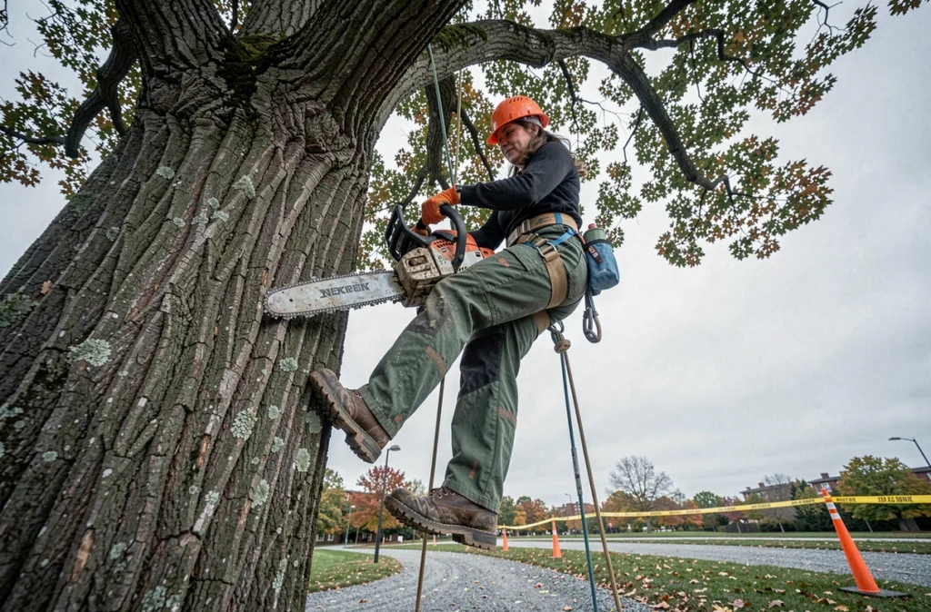 Une arboriste professionnelle en harnais de sécurité effectuant un élagage en hauteur dans un grand chêne en parc urbain