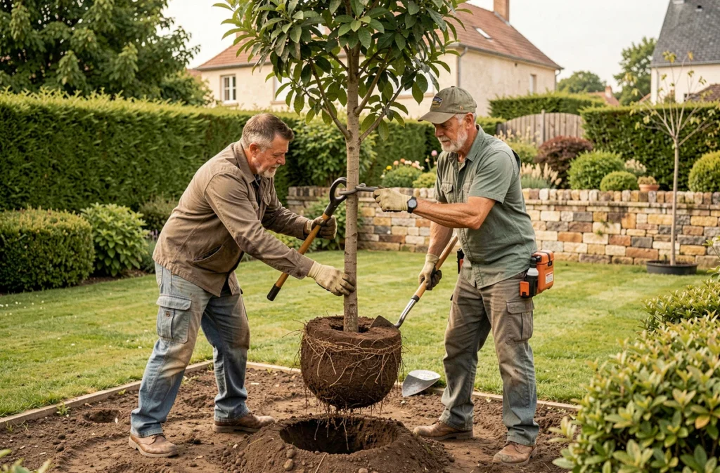 Deux paysagistes d'ATJ transplantant un arbre ornemental mature dans un jardin résidentiel en Gironde