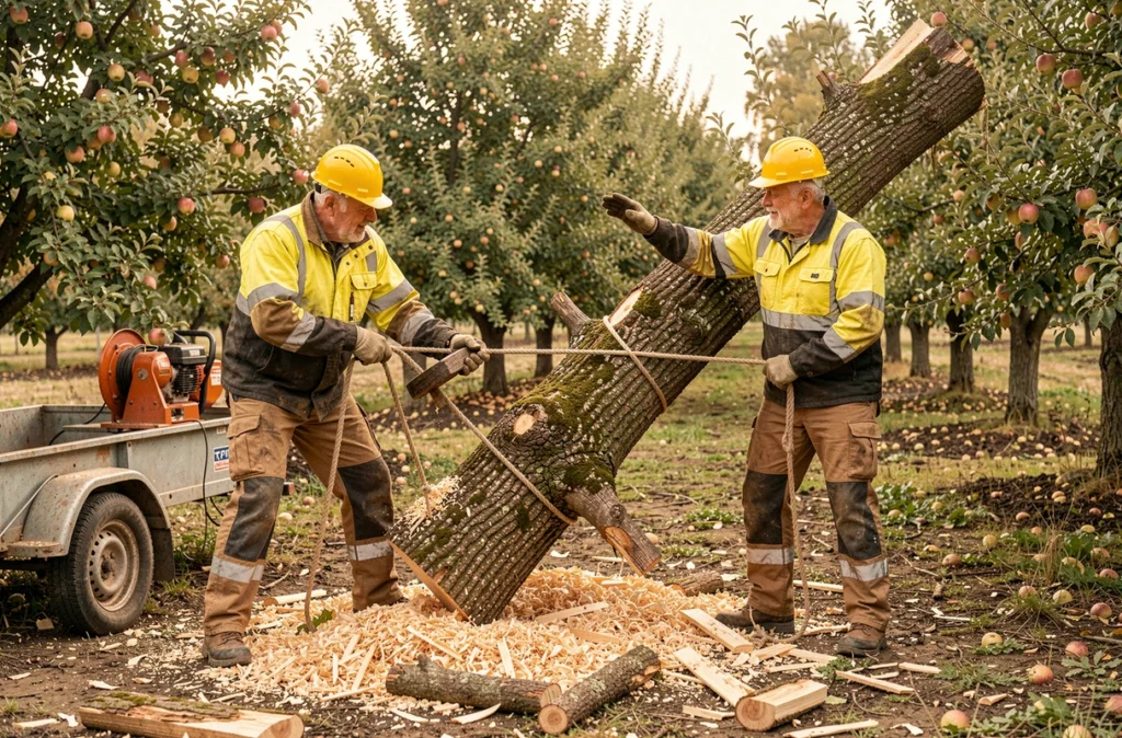 Deux bûcherons guidant l'abattage d'un arbre avec un cabestan sur un verger rural