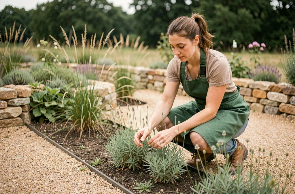 Horticultrice de Chloris soignant des plantations écologiques et naturelles dans un jardin en Gironde