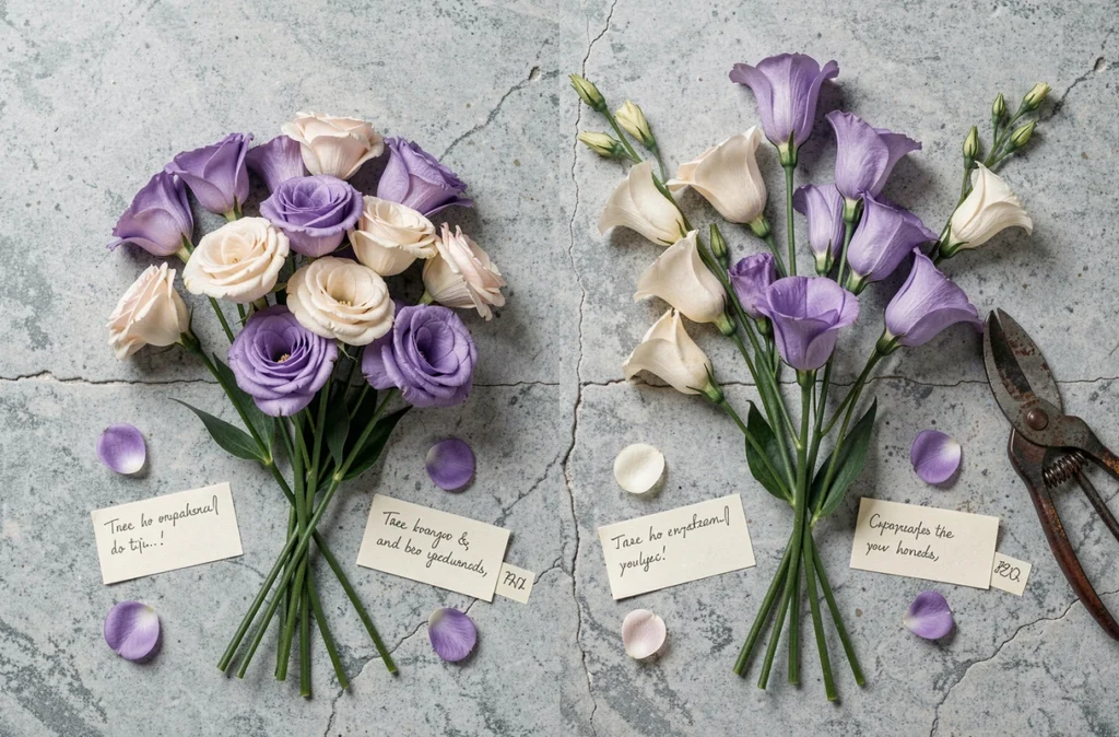 Comparaison botanique en vue de dessus entre des tiges de lisianthus aux pétales froncés et des fleurs d'eustoma en forme de cloche sur une surface en pierre grise