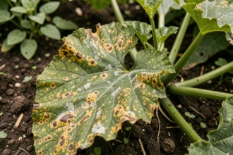 Feuilles de courgette jaunissantes avec taches et oïdium dans un potager