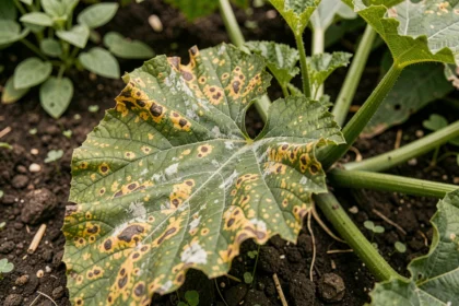 Feuilles de courgette jaunissantes avec taches et oïdium dans un potager